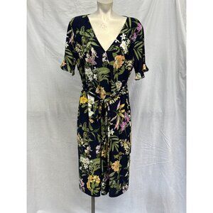 Roz & Ali Womens Tropical Floral Belted Faux Wrap Dress Size XL V-Neck Ruffle‎